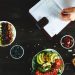 healthy food and notebook flat lay